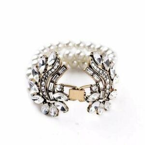 Art Deco Pearl Flower White Crystal Vintage Gold Statement Bracelet